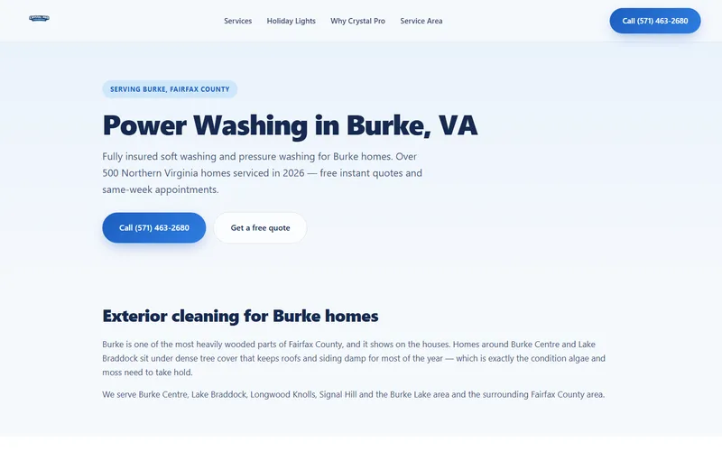 Crystal Pro's Burke, VA power washing page, one of the 13 city pages we built