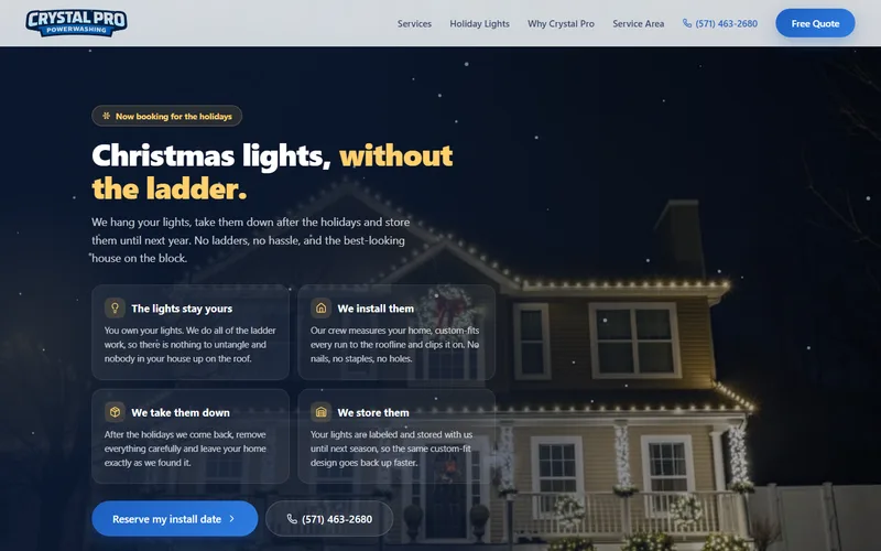 The Crystal Pro Power Washing website we built, showing their holiday lighting section